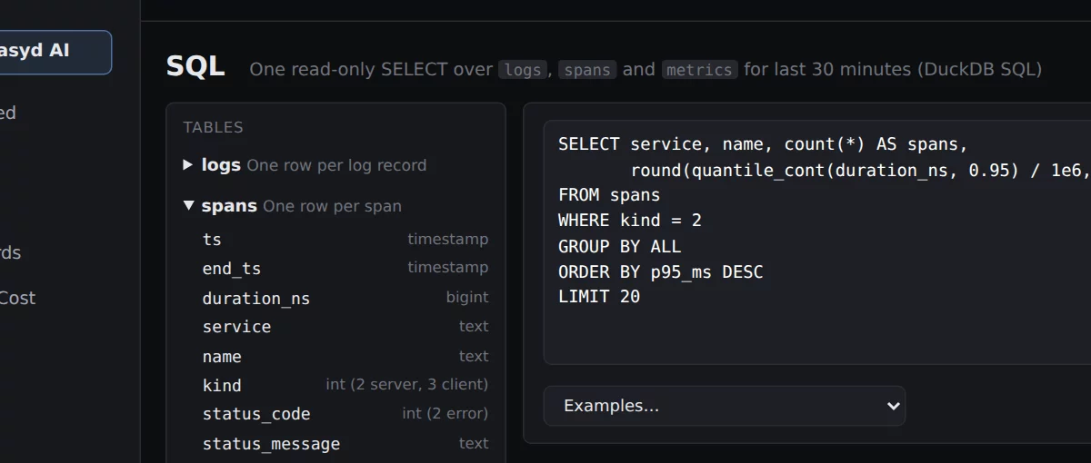 Read-only SQL over spans